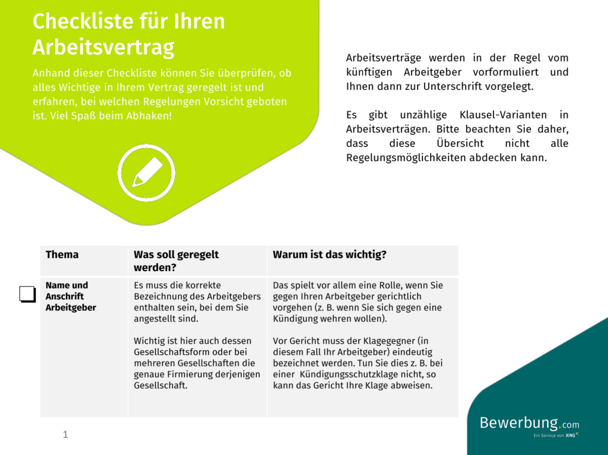 Checkliste: Arbeitsvertrag Inhalte (Download PDF)